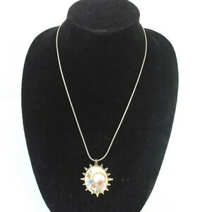 Vintage Hippie Gold Sun Burst Retro Painted Flower & Sun On Stone Necklace
